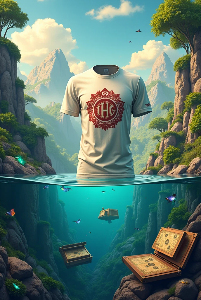 A shirt with a company logo searches for treasures

