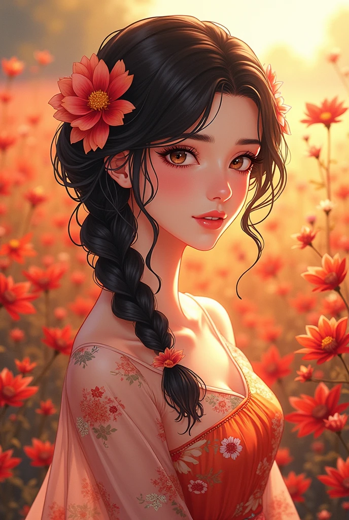 a warm and vivid illustration featuring a young woman with dark, wavy hair intricately braided and adorned with vibrant red and pink flowers. The setting is bathed in golden sunlight, casting soft highlights on her hair and creating a gentle glow on her delicate skin. She is surrounded by a lush, blooming field of flowers that mirror the colors in her hair accessories and clothing, which is patterned with floral designs in shades of red, orange, and cream. Her expression is serene, with her gaze slightly averted, adding a sense of mystery and introspection. The overall composition blends realism with a slightly stylized, anime-inspired aesthetic, emphasizing the rich color palette and the interplay of light and shadow. The mood is nostalgic and peaceful, capturing the beauty of a moment in nature, filled with warmth and life.