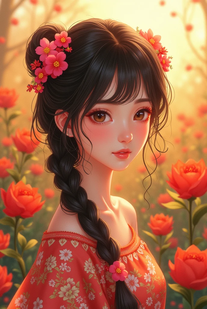 a warm and vivid illustration featuring a young woman with dark, wavy hair intricately braided and adorned with vibrant red and pink flowers. The setting is bathed in golden sunlight, casting soft highlights on her hair and creating a gentle glow on her delicate skin. She is surrounded by a lush, blooming field of flowers that mirror the colors in her hair accessories and clothing, which is patterned with floral designs in shades of red, orange, and cream. Her expression is serene, with her gaze slightly averted, adding a sense of mystery and introspection. The overall composition blends realism with a slightly stylized, anime-inspired aesthetic, emphasizing the rich color palette and the interplay of light and shadow. The mood is nostalgic and peaceful, capturing the beauty of a moment in nature, filled with warmth and life.