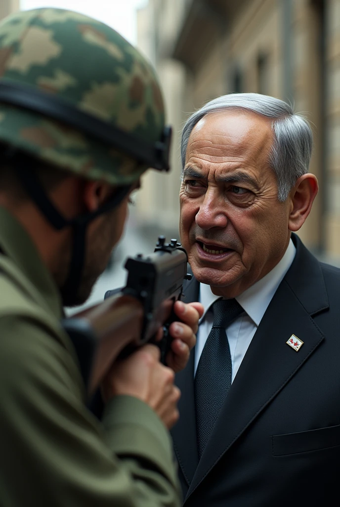 Palestinian soldier puts his gun to Netanyahu&#39;s head and the latter cries 