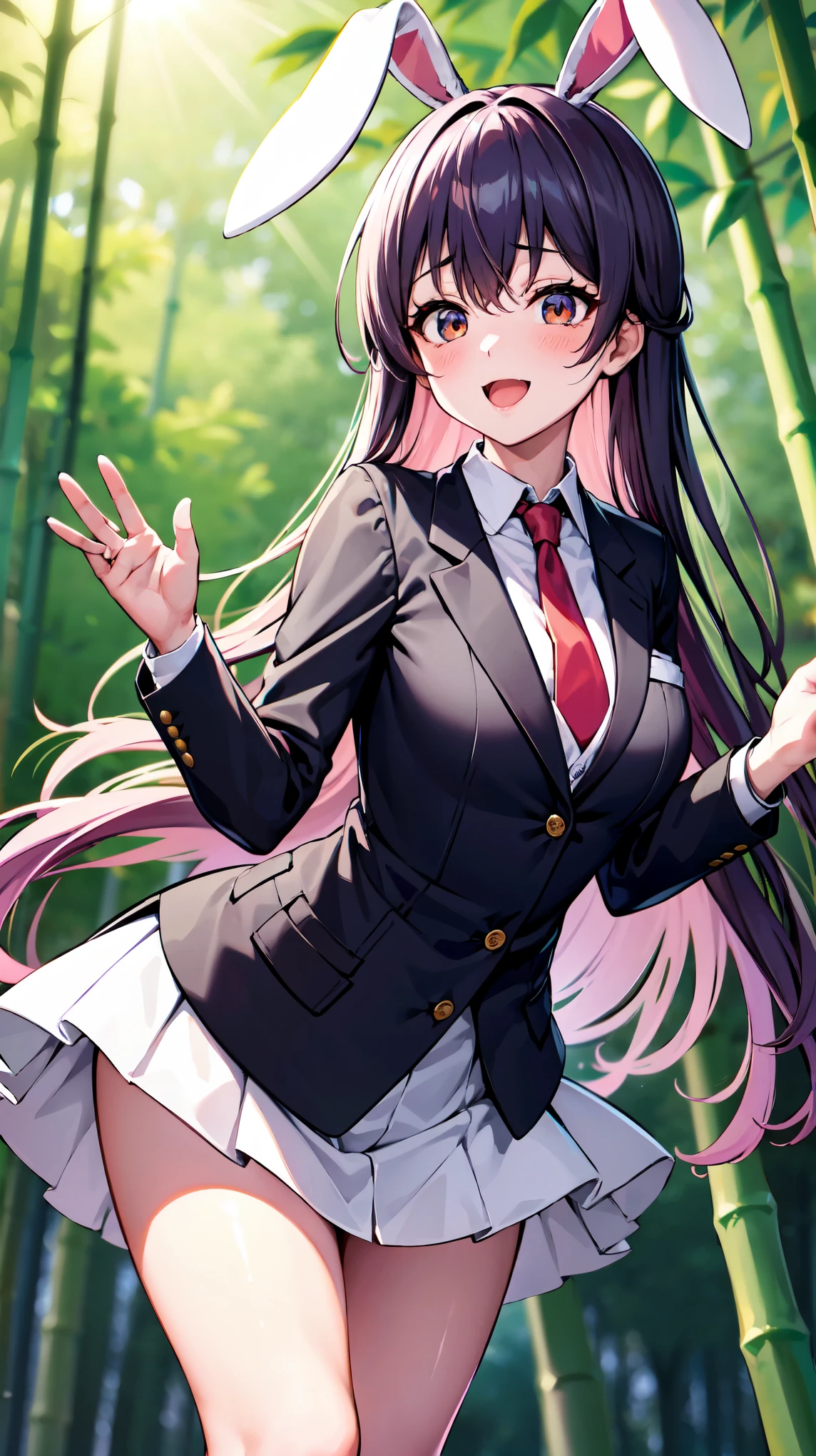 （（super high quality,Ultra-high resolution,16K,super masterpiece,Ultra HD,Ultra high definition,））One high school girl,White bunny ears,Very long straight purple hair,Slender body,（Black blazer,The second button is removed.,White dress shirt,red long tie,Pink mini skirt,White socks,）blush,Very happy,View here,wave hands,（（Leaning forward greatly:1.5,））Bamboo forest in the morning sun,（In a strong wind,My hair is in a big mess:1.8,The skirt lifts up:1.5,）Angle looking up from below,