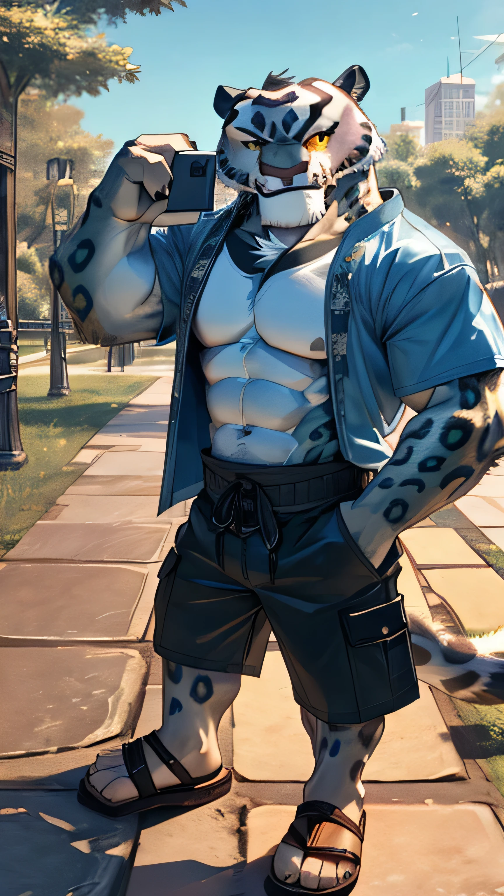 Kung Fu Panda cartoon, furry snow leopard Tai Lung, handsome, perfectly detailed yellow eyes with perfectly detailed black pupils, extremely beautiful face, muscular body, six pack abs, gentle look, wears blue t-shirt, denim cargo shorts, sandals, sexy, hot, tall, slender, gentle smile, selfie, park background