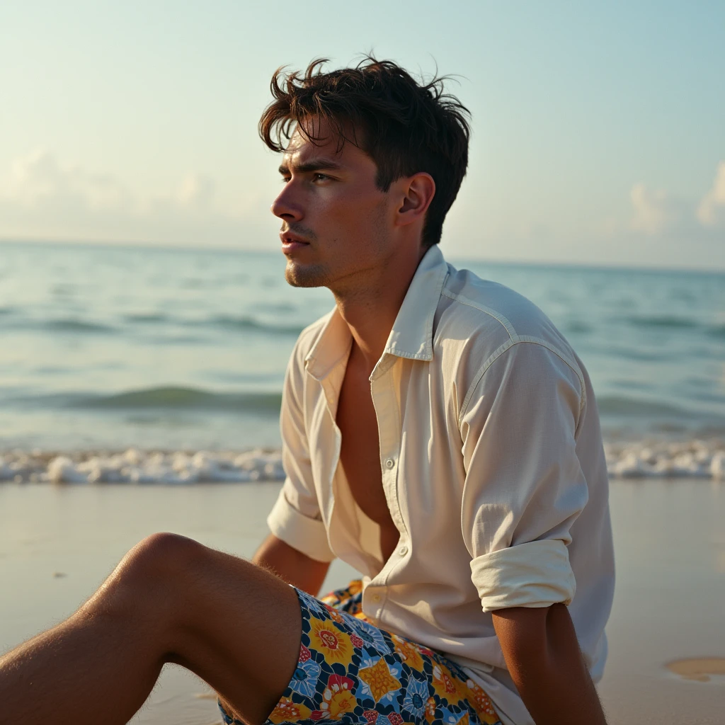 makes image of a white man, at 3, model type, with short dark hair, with clear eyes, wearing a shirt buttoned up to the neck, posing sideways, wearing swimming trunks imitating Portuguese tiles, lying on the wet sand on a beach in the Algarve