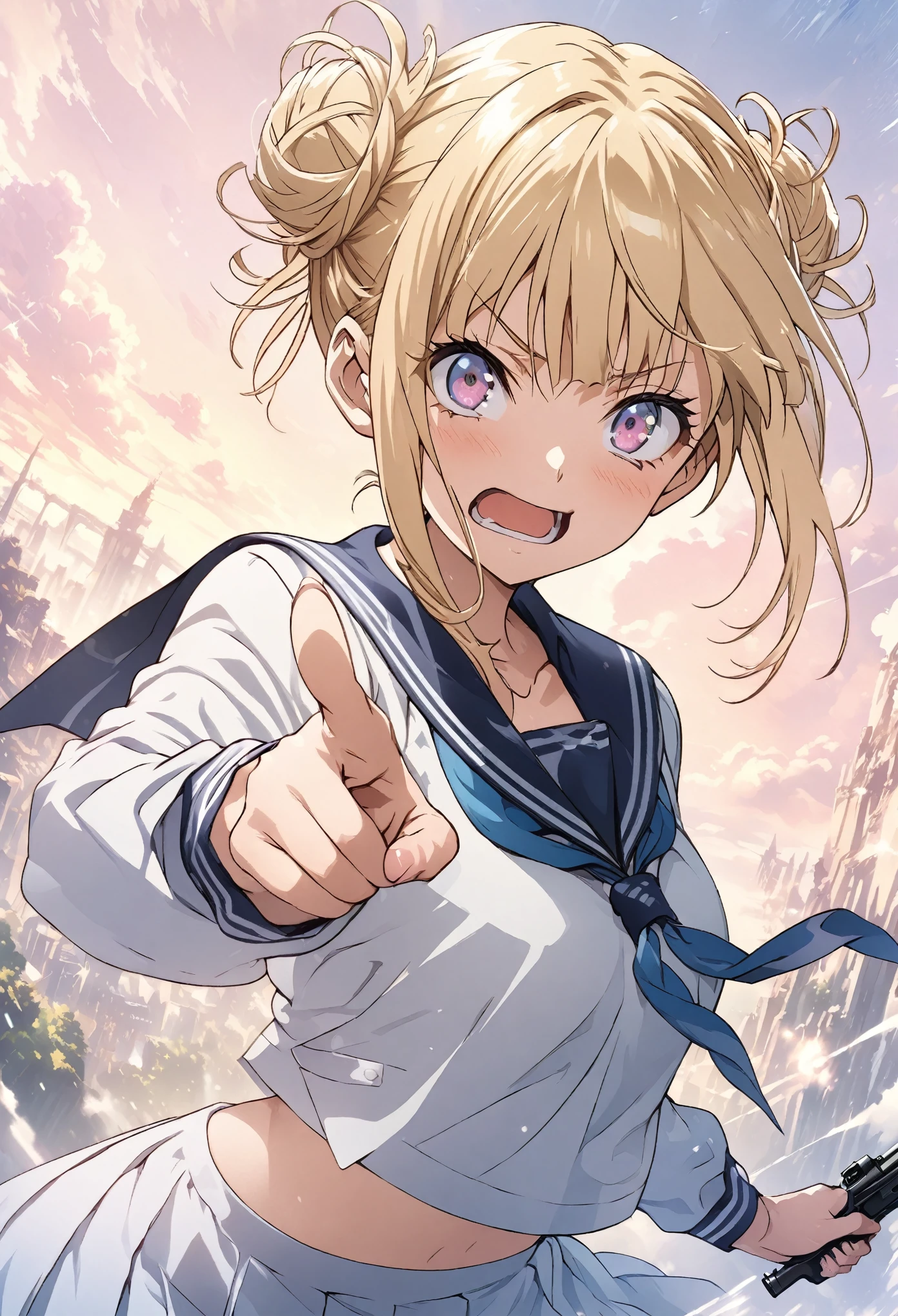 masterpiece, Highest quality, Highly detailed CG Unity 8k wallpaper, High  Girl Anime Illustration. Sailor suit, Pointing a gun pose、The background is a light pastel colored landscape.,  Blonde hair bun, Bangs, Confused eyes, Written boundary depth