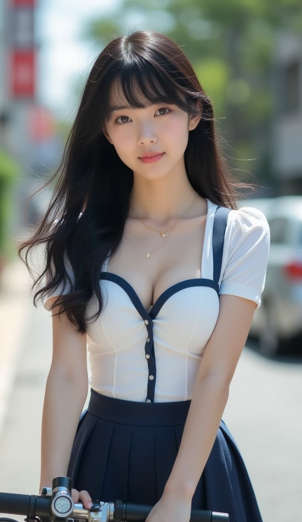 Biking, Raw photo of a cute 18-year-old Korean idol girl,Blunt bangs,Huge breasts, Cleavage, Japanese God,Long Hair ,Black Hair, One person, Glamour, Japan Pornstars,The chest is open.、Cute white sexy bra is visible,school uniform,