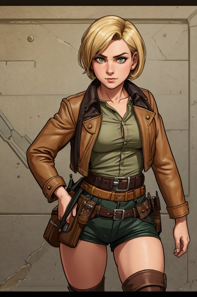 1920s tomboy adventurer, wearing rugged, practical clothing with a utility belt and a leather jacket, short blonde hair styled in a tousled bob, confident determined expression, pinup