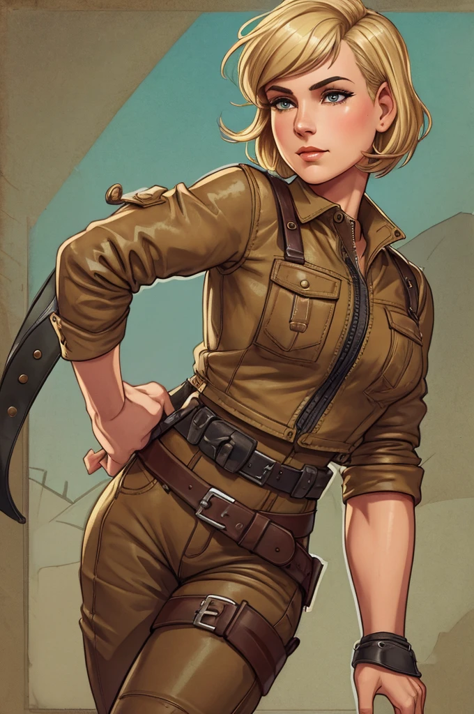 1920s tomboy adventurer, wearing rugged, practical clothing with a utility belt and a leather jacket, short blonde hair styled in a tousled bob, confident determined expression, pinup