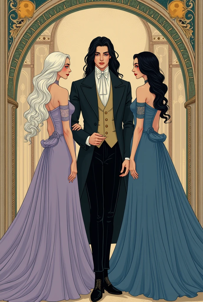 Create an Art Nouveau-style image featuring three characters:An 18-year-old young woman with long, white hair, rainbow-colored eyes, and fair skin. She is dressed in a long, elegant lilac gown, exuding a sophisticated and graceful demeanor. Her personality is cold and empty.A 25-year-old man with long, straight black hair, fair skin, and black eyes. He is wearing a long overcoat and Victorian-era clothing, with a personality that is both sophisticated and elegant.A 21-year-old woman with fair skin, freckles on her face, black wavy hair, and black eyes. She is dressed in a blue Victorian-era gown, with a poised and refined demeanor.The image should include arabesque elements that harmonize with the Art Nouveau style, enhancing the elegance and sophistication of the characters