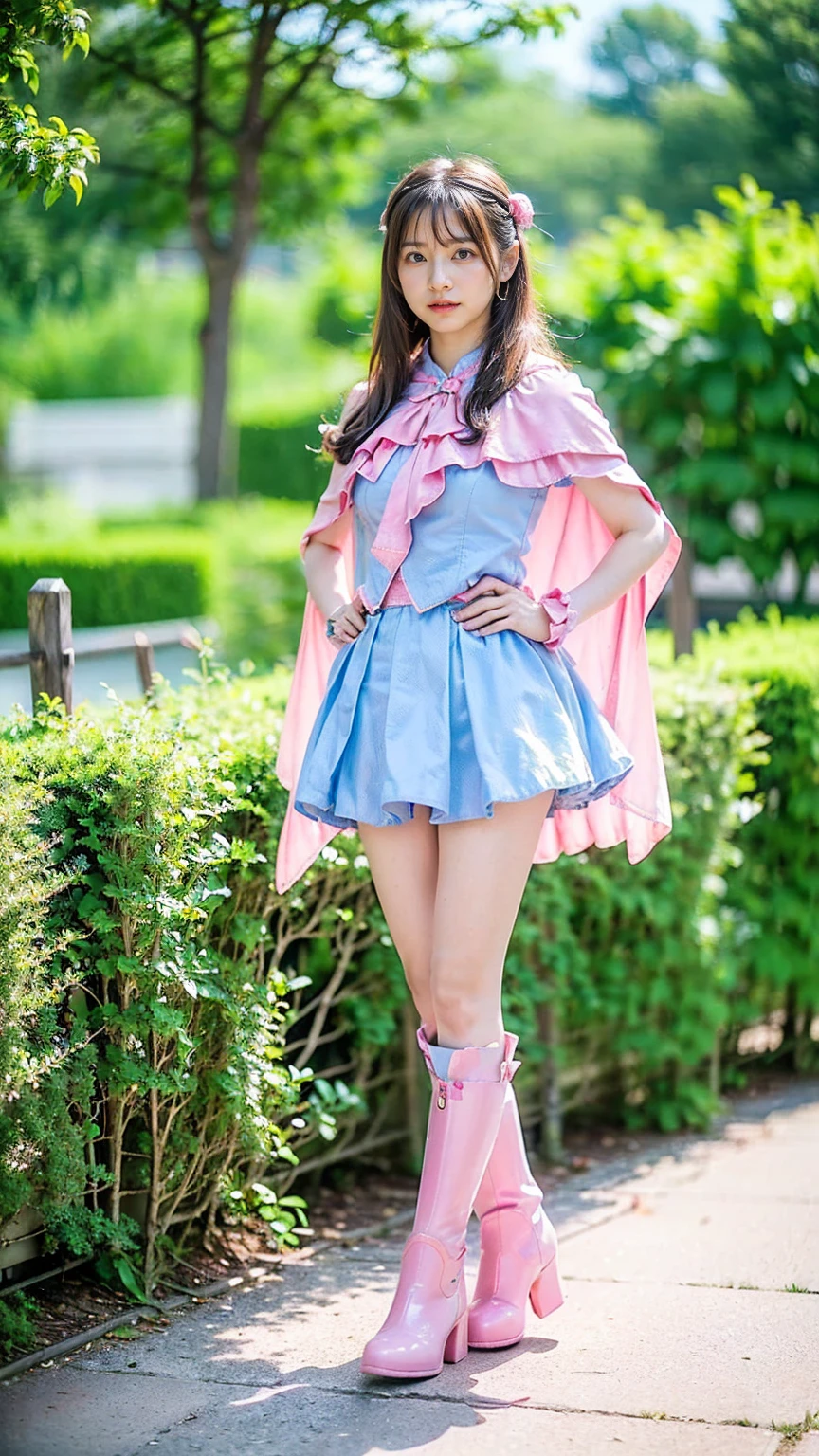 (8k、RAW Photos、Highest quality、masterpiece:1.2)、(Realistic、Realistic)、1 person、((Light blue and pink、garden、Frills、Cape、mini skirt、Thin legs、whole body、boots、View from the front、Looking into the camera、Stand with hands on hips))、cute