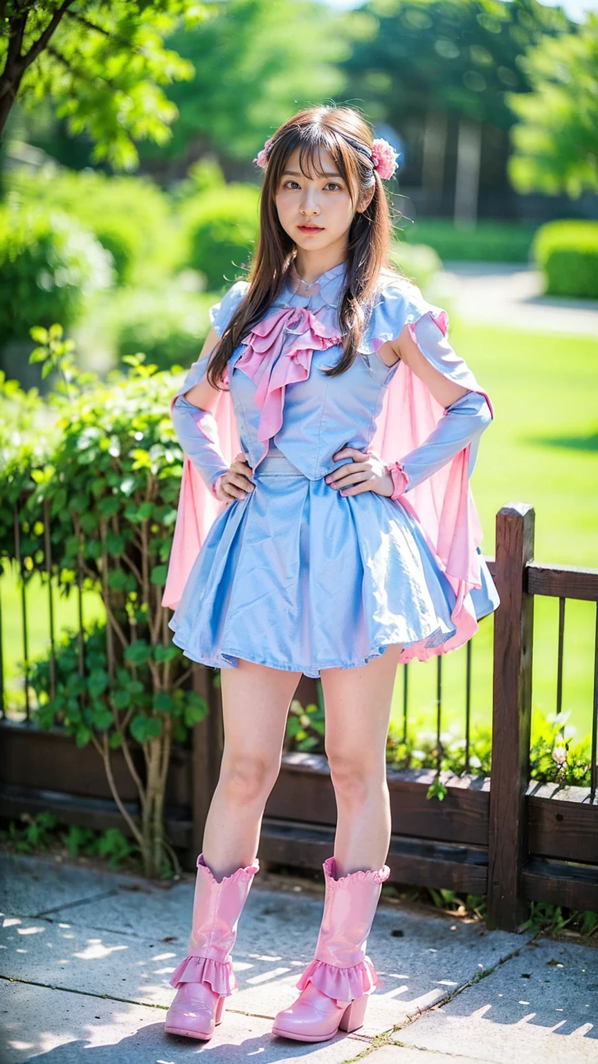 (8k、RAW Photos、Highest quality、masterpiece:1.2)、(Realistic、Realistic)、1 person、((Light blue and pink、garden、Frills、Cape、mini skirt、Thin legs、whole body、boots、View from the front、Looking into the camera、Stand with hands on hips))、cute