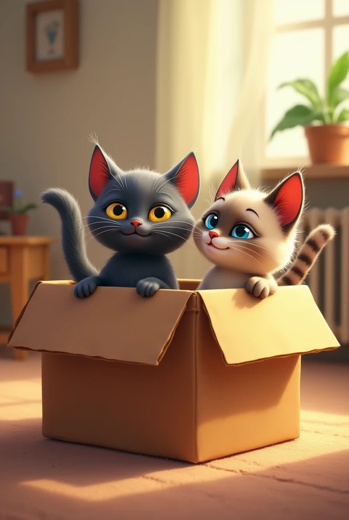 two cats inside a brown box with their tails up, a dark gray with yellow eyes and gray ears and a Siamese with a Pixar-style blue eye