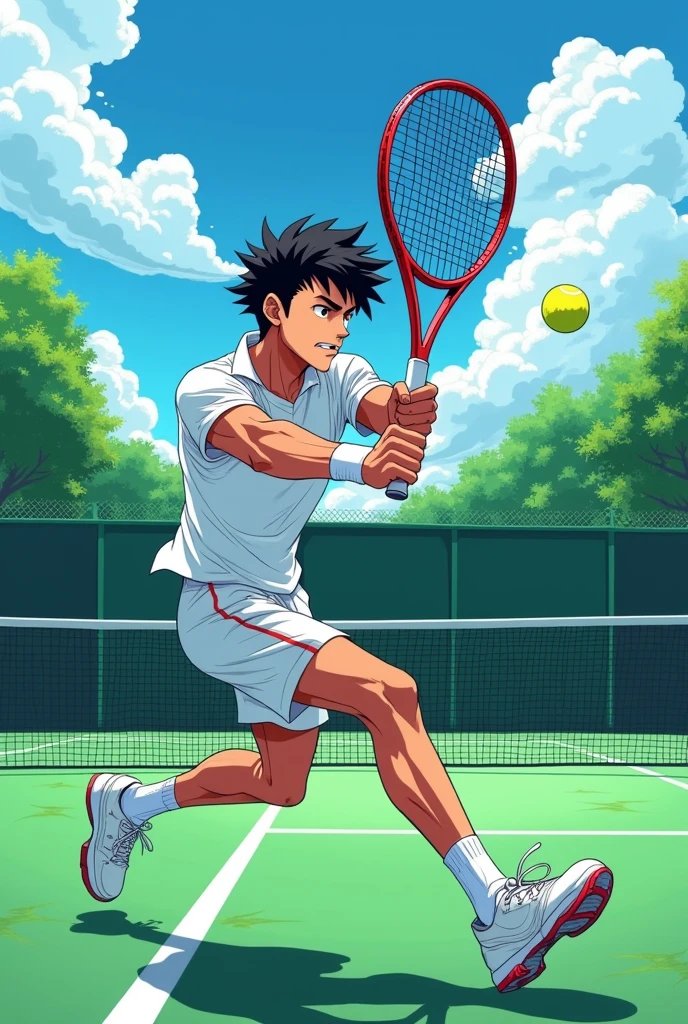 Tennis player with a racket, anime-like, he hits a tennis ball with a racket