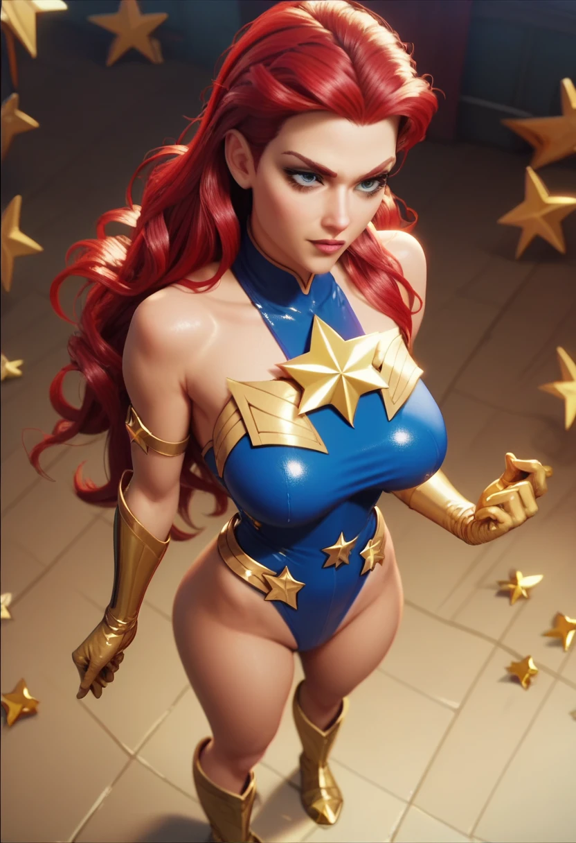 Sexy, anime screencap, Superheroine, Red hair, long hair, busty, ((blue highleg leotard with a t-back thong and a gold star insignia on chest)), gold boots, gold gloves