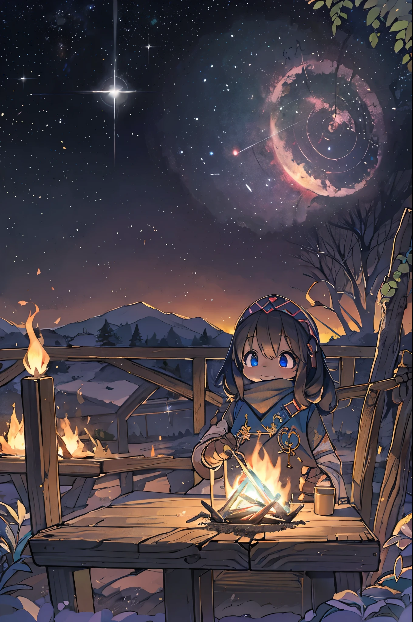 Tabletop, Highest quality, 1 person, alone, effect, Dark Background, With a happy face,Little、camp、Before the bonfire、Under the stars