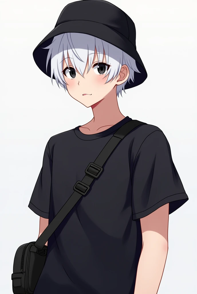 Male, 2d, anime, white hair, black shirt, black eyes, black crossbody bag, idol, black bucket hat, gaming, streamer