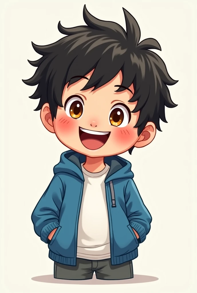 Draw a chibi boy with black hair and brown eyes wearing a white t-shirt and a blue jacket with a funny face