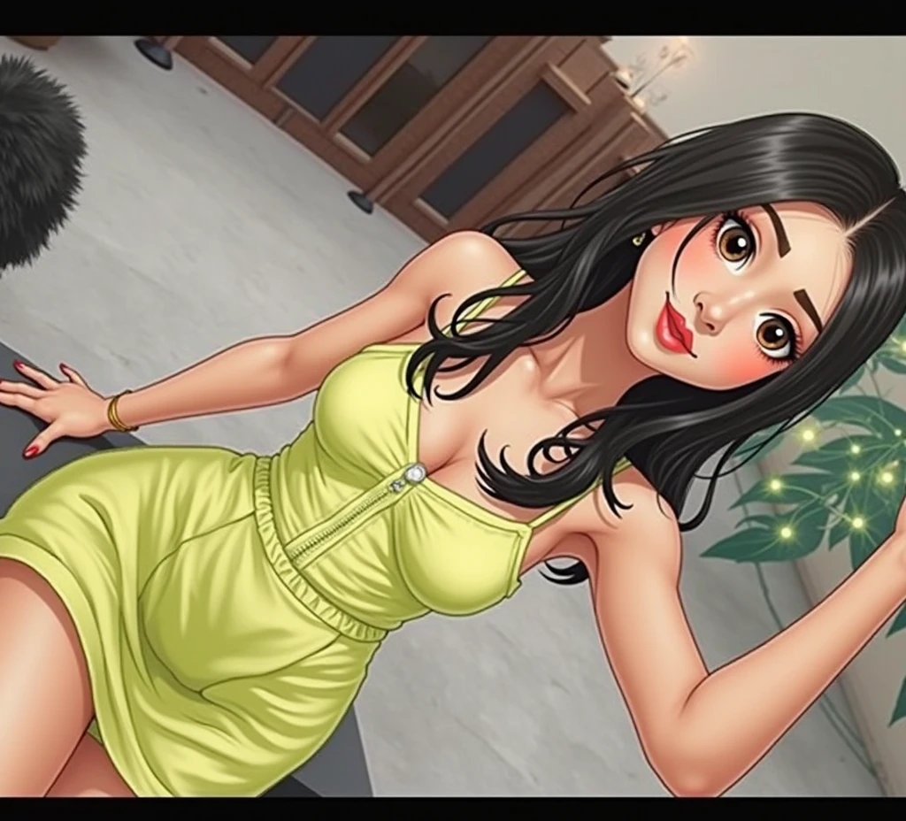 1 girl, Alone ,masterpiece, better_quality, Photoshoot, looking to the camera, young adult , happy expression, (Porcelain skin), Brown eyes, (black fur), (messy hair), green dress, Cowboys, White skin, evening, Bali background, Standing with your legs bent, Whole body, Instagram Trends