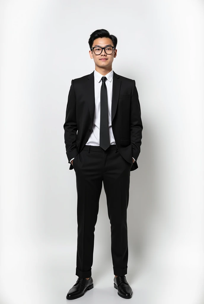 21 year old boy wearing formals and gasses posing for white in background 