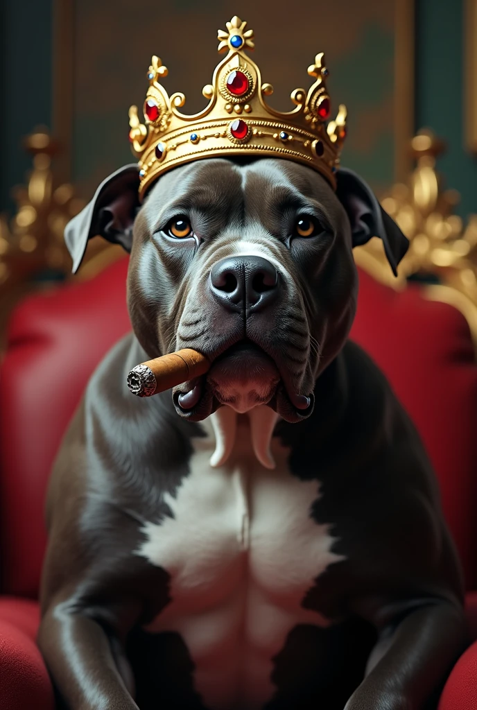 

pitbull with king crown smoking cigar