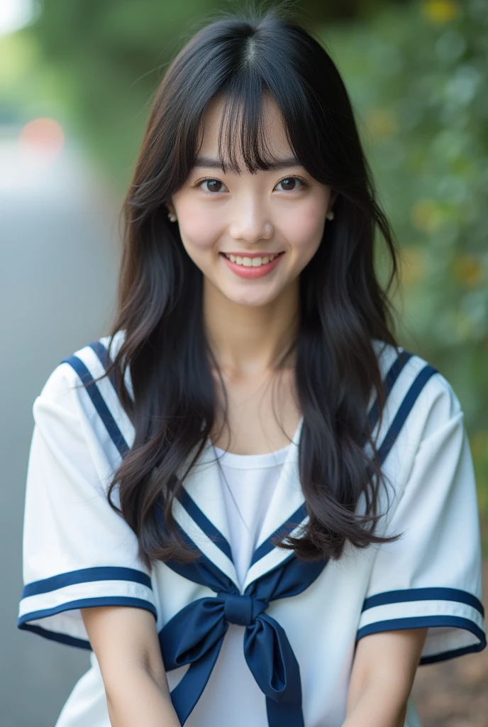 Biking, Raw photo of a cute 18-year-old Korean idol girl,Blunt bangs,Huge breasts, Cleavage, Japanese God,Long Hair ,Black Hair, One person, Glamour, Japan Pornstars,The chest is open.、Cute white sexy bra is visible,school uniform,