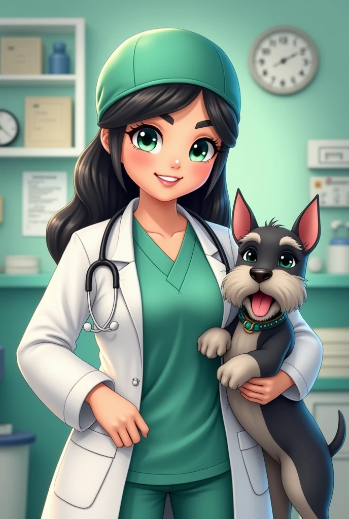 Surgical cap company " element that should go in the image" which is called titta store"WORDS THAT HAVE TO GO IN THE IMAGE "which has as avatar a chubby woman with green eyes , doctor and black hair and as a pet a schnauzer dog named nala