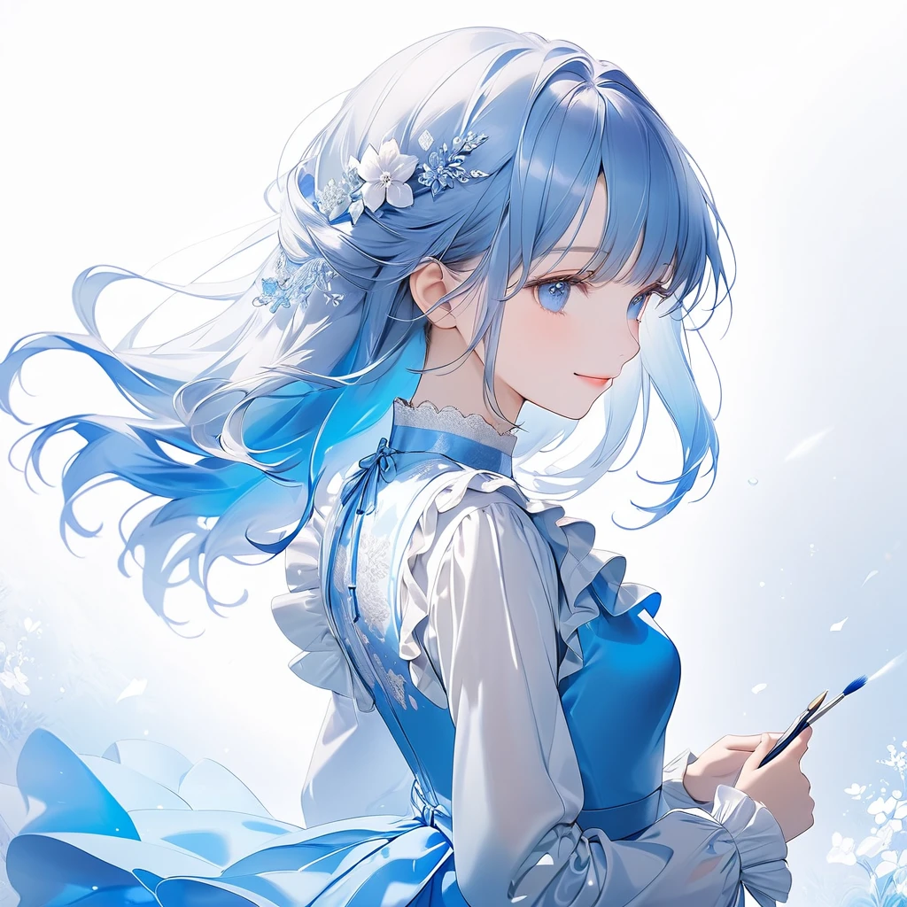 (transparent blue theme art),(top-quality),(masterpiece),(medium shot:1.5),((glowing)),((arms behind side)),Silky to the touch,Hyper Detail,(1 girl),(solo),Delicately drawn face,girl with a pretty face,beautiful detailed transparent blue eyes,beautiful detailed blue dress with delicate white lace,beautiful detailed blue dress with ruffles,((blue skirt with ruffles)),((Long sleeve costume)),(Beautiful silky blue hair:1.3),pale skin,(From the side),(glancing sideways),a beautiful transparent illustration,blue and white theme,beautiful smile,soft gradient,(white floral art background),dreamy ambiance,mesmerizing depth,Ultra-detailed digital art,2.5D art,transparent brush strokes