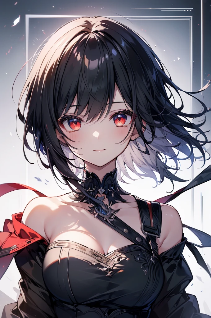 (masterpiece, highest quality, highest quality, (No text), Beautiful and aesthetic:1.2),No text,アニメ、BREAK,One Girl,Black Hair Girl short hair older sister choker Beautiful eyes Red eyes cool smile Black and Red whole body In town