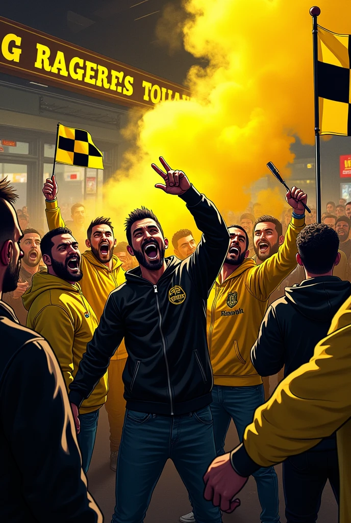 Image illustrations cartoons de supporters homme de style Ultras hooligans habiller avec une veste noir et jaune. The fans are in a bar with yellow and black smoke bombs in their hands and yellow and black checkered flags in their hands..the name of the bar is &quot;TRIBUNE G ROUEN&quot;.
