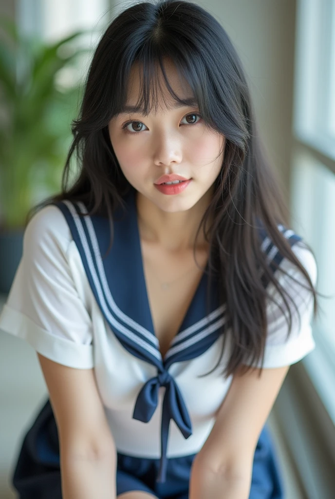 Biking, Raw photo of a cute 18-year-old Korean idol girl,Blunt bangs,Huge breasts, Cleavage, Japanese God,Long Hair ,Black Hair, One person, Glamour, Japan Pornstars,The chest is open.、Cute white sexy bra is visible,school uniform,
