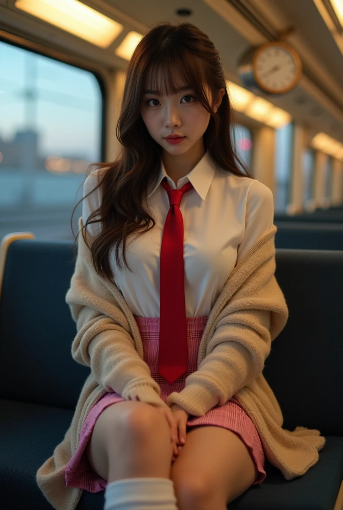 nsfw,real photo,japan,from front view,twilight,in the train background,[tan skin,young female japanese,20 ages,groomed light brown long hair,black eye,big busty boobs,beautiful face,],((((outfit,loose opened white shirt,"red tie",pink plaid pattern school mini skirt,white baggy socks,beige school cardigan)))),[sitting on seat,],