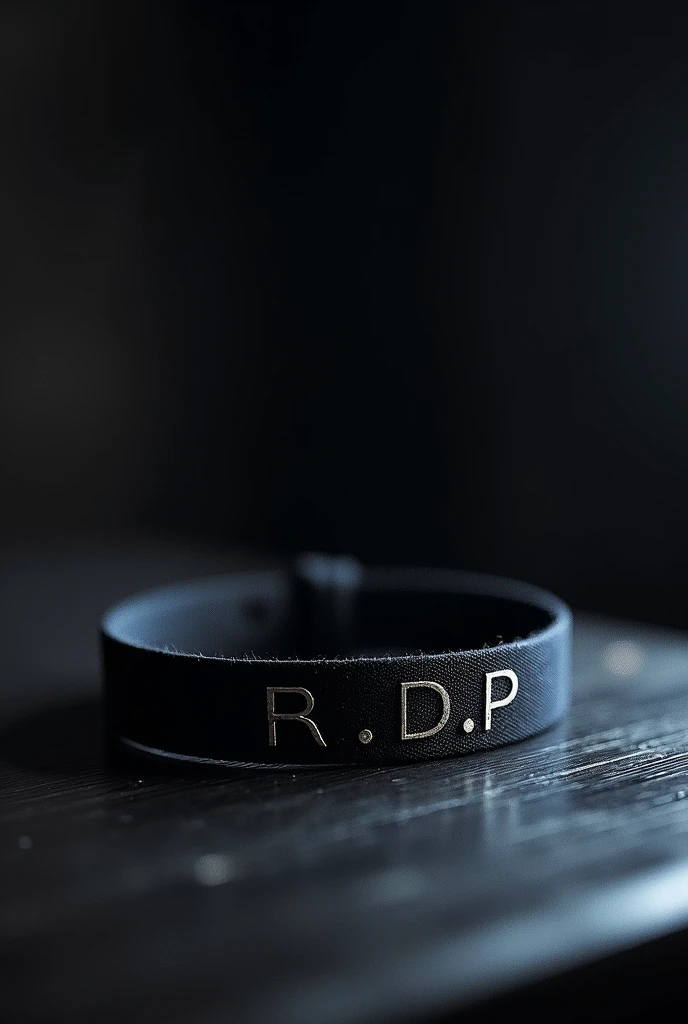 a ninja hitai-at with the letters R.d.P written as renegade hitai-at is played on a dark table illuminated by a bright light but the letters stand out
