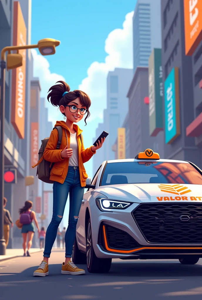 Create for me an art of a happy person with a cell phone in hand asking for the Valorant urban mobility app and next to her a car stopped with the Valorant logo on the car