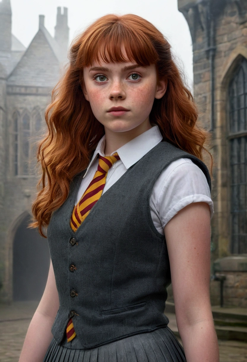 An illustrated movie poster, hand-drawn, full color, a teenage Hogwarts student, 18-years-old, female, wearing a charcoal vest and a pleated skirt, athletic hourglass figure, busty bosoms, full wide hips, massive round butt, long shapely legs, ridiculously thick powerful thighs, vibrant eyes, red auburn hair, thick shaggy bangs, flushed sun-kissed complexion, freckles, resembles Sophia Lillis, standing in a foggy Hogwarts courtyard, surrounded by mist, graphite shading, stencil marks, airbrushed acrylic paint, masterpiece