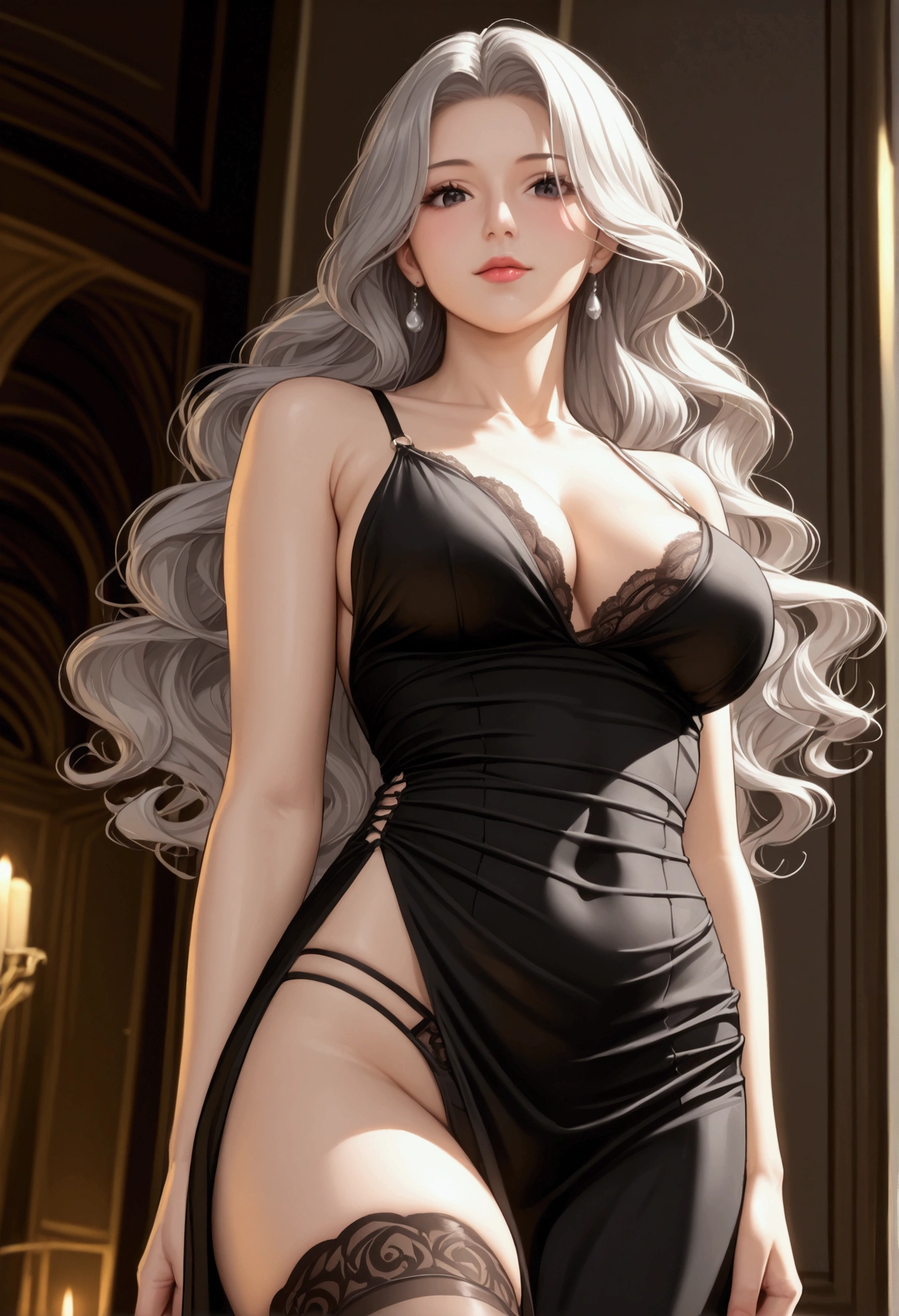 score_9, score_8_superior, score_7_superior, High-resolution CG illustration,A masterpiece in 32K resolution,Highest quality,it is really amazing,Very detailed,Ultra-high resolution,Ultra-realistic,Realistic,Increased depth of field,Cinematic lighting,
Elegant mature Japanese woman,
Shiny silver hair,Wavy long hair,Showing his forehead,god々Beautiful,Ultra-detailed and beautiful face,Sensual look,Beautiful dark brown, moist eyes,Pitch black eyes,Glowing, moisturized skin,Translucent white skin,born々New skin texture,Great proportions,
Elegant wine-red slit dress,spaghetti straps,Deep slit,Detailed and beautiful lace decorations,born地の柔らかな質感,
Black panties,
Black Stockings,
Low - Angle,
