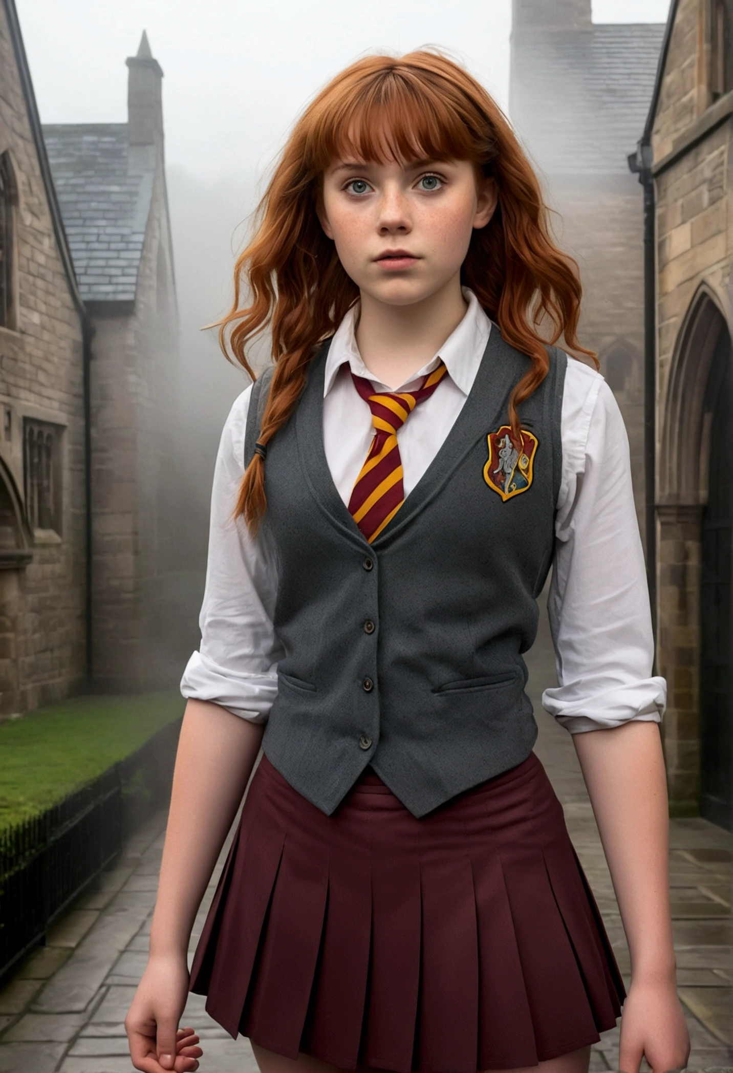 An illustrated movie poster, hand-drawn, full color, a age Hogwarts student, 18-years-old, female, wearing a charcoal vest and a pleated skirt, athletic hourglass figure, busty bosoms, full wide hips, massive round butt, long shapely legs, ridiculously thick powerful thighs, vibrant eyes, red auburn hair, thick shaggy bangs, flushed sun-kissed complexion, freckles, resembles Sophia Lillis, standing in a foggy Hogwarts courtyard, surrounded by mist, graphite shading, stencil marks, airbrushed acrylic paint, masterpiece