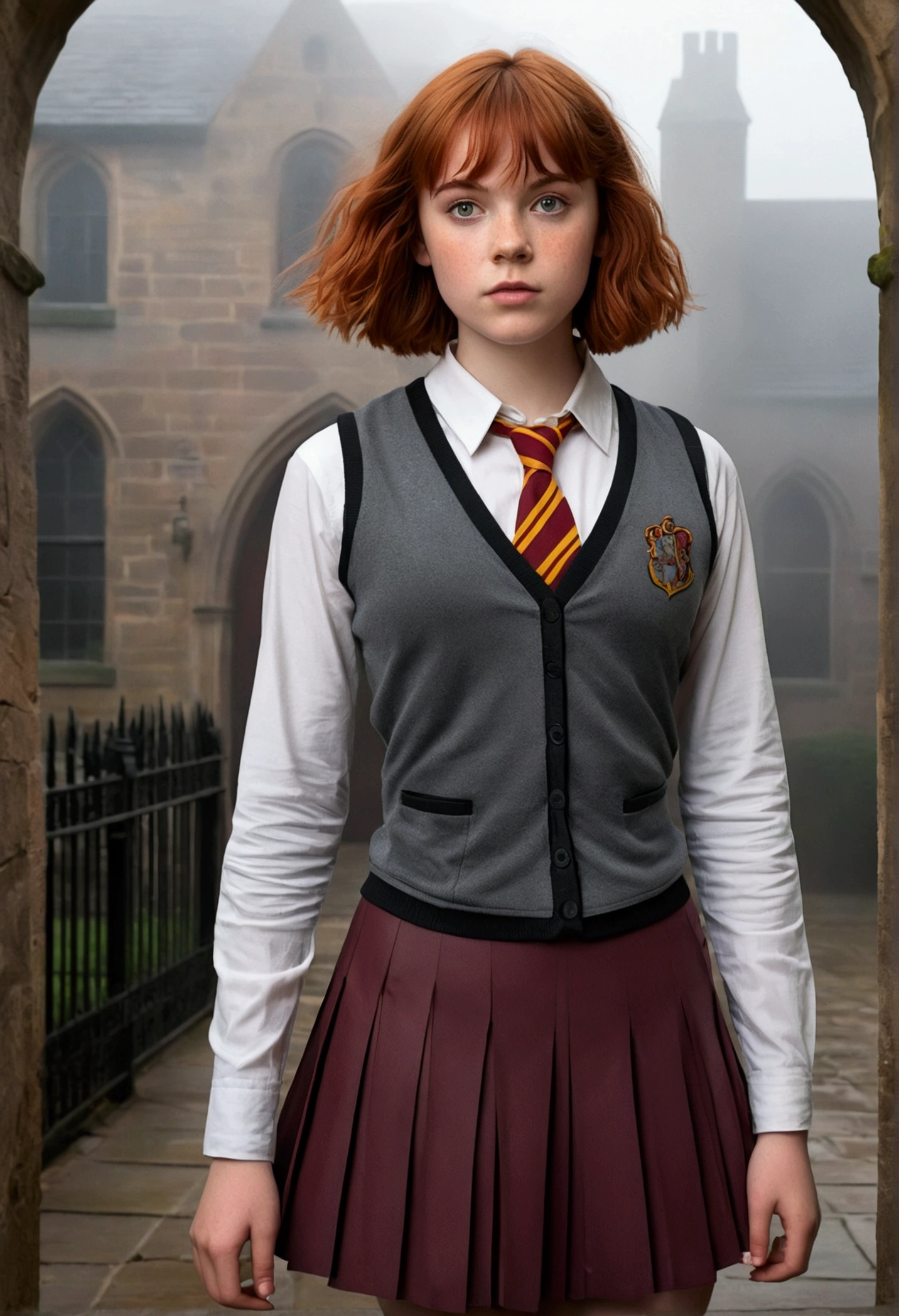An illustrated movie poster, hand-drawn, full color, a teenage Hogwarts student, 18-years-old, female, wearing a charcoal vest and a pleated skirt, athletic hourglass figure, busty bosoms, full wide hips, massive round butt, long shapely legs, ridiculously thick powerful thighs, vibrant eyes, red auburn hair, thick shaggy bangs, flushed sun-kissed complexion, freckles, resembles Sophia Lillis, standing in a foggy Hogwarts courtyard, surrounded by mist, graphite shading, stencil marks, airbrushed acrylic paint, masterpiece