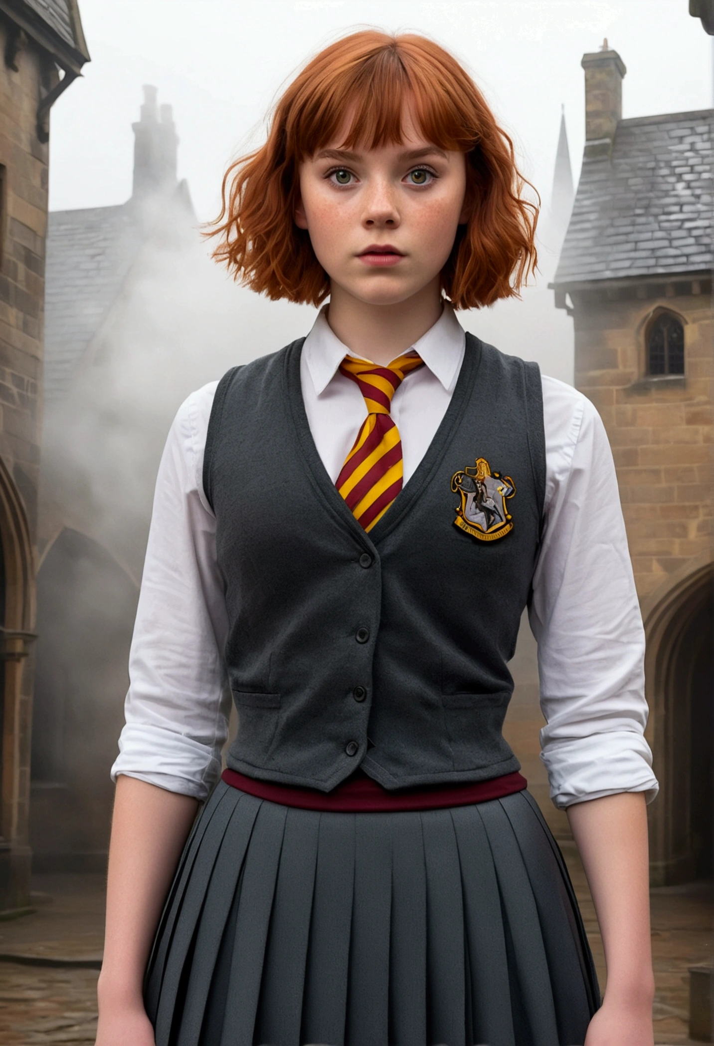 An illustrated movie poster, hand-drawn, full color, a teenage Hogwarts student, 18-years-old, female, wearing a charcoal vest and a pleated skirt, athletic hourglass figure, busty bosoms, full wide hips, massive round butt, long shapely legs, ridiculously thick powerful thighs, vibrant eyes, red auburn hair, thick shaggy bangs, flushed sun-kissed complexion, freckles, resembles Sophia Lillis, standing in a foggy Hogwarts courtyard, surrounded by mist, graphite shading, stencil marks, airbrushed acrylic paint, masterpiece