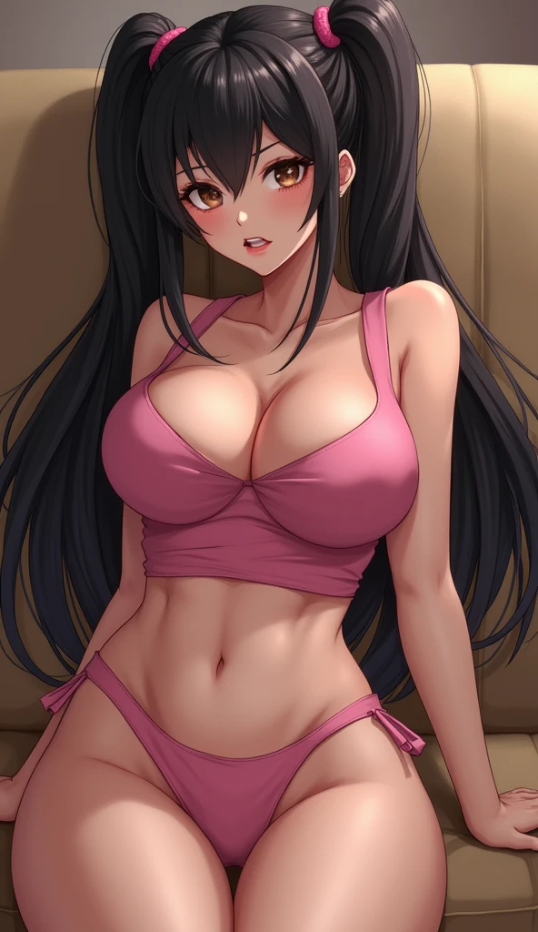 very detailed, Flirty facial expression, big breasts, dark hair with two ponytails, I look at the viewer, pink tank top with visible underbust, pubic hair belt, living room, lying on the couch with legs spread, crotch, vagina, clitoris, Pussy, pussy.