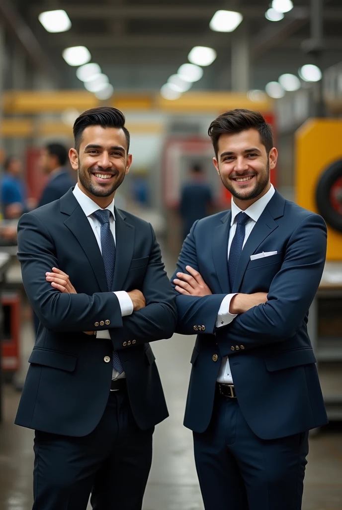 
two people with arms crossed who are young Peruvian men in suits looking ahead while smiling
 with a mechanical workshop in the background.
