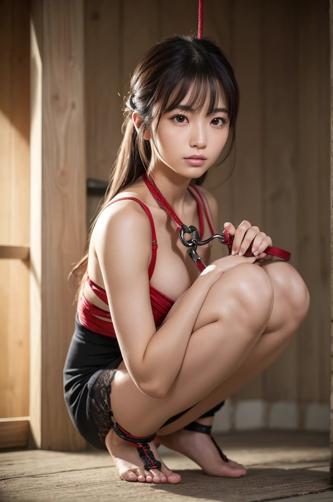 a beautiful japanese girl, detailed face, beautiful eyes, long eyelashes, detailed lips,slim body, tight rope bondage, legs spread, forced urination, squat pose, (best quality,4K,8k,highres,masterpiece:1.2),ultra-detailed,(realistic,photorealistic,photo-realistic:1.37),beautiful lighting,vibrant colors,intricate details,elegant,dramatic,Handcuffs、Shackles、Perfect human body
