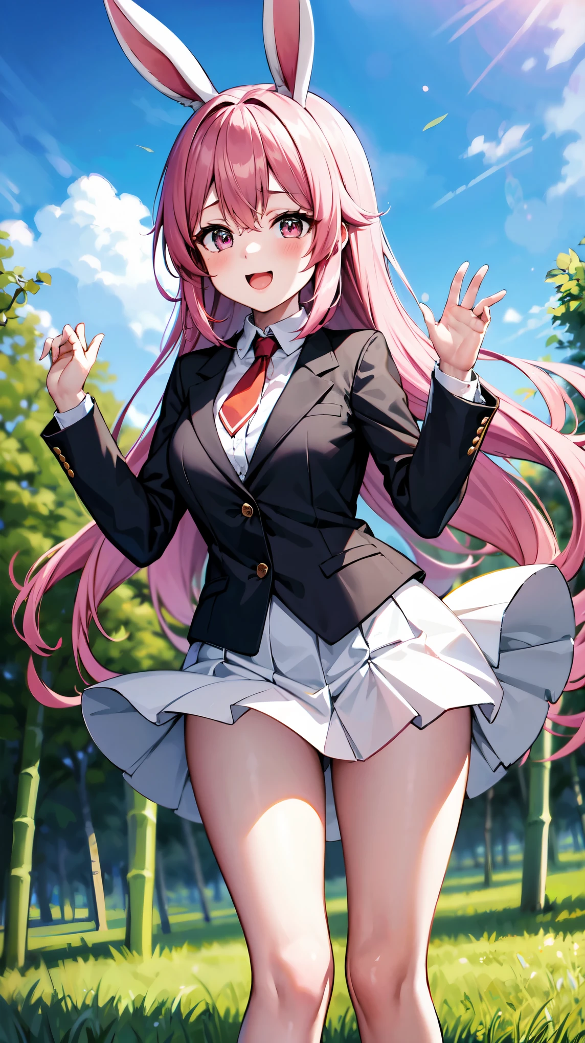 （（super high quality,Ultra-high resolution,16K,super masterpiece,Ultra HD,Ultra high definition,））One high school girl,White bunny ears,Very long straight purple hair,Slender body,（Black blazer,The second button is removed.,White dress shirt,red long tie,Pink mini skirt,White socks,）blush,Very happy,View here,wave hands,（（Leaning forward greatly:1.5,））Bamboo forest in the morning sun,（In a strong wind,My hair is in a big mess:1.8,The skirt lifts up:1.5,）Angle looking up from below,