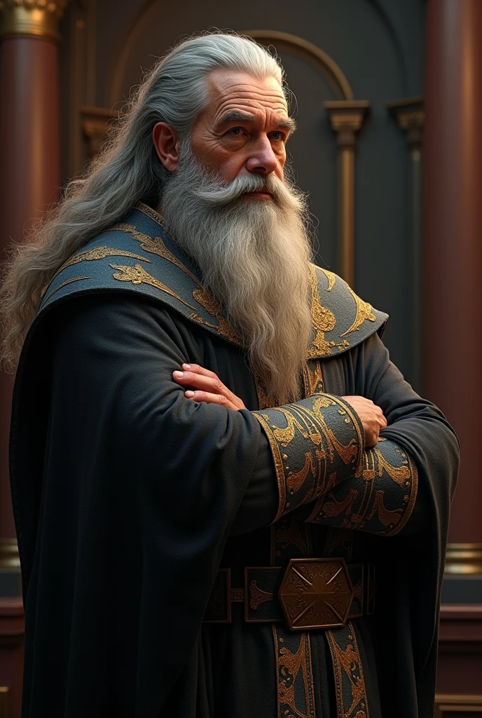 Would be a councilor,with arms crossed,facial beard,the hair is kind of long