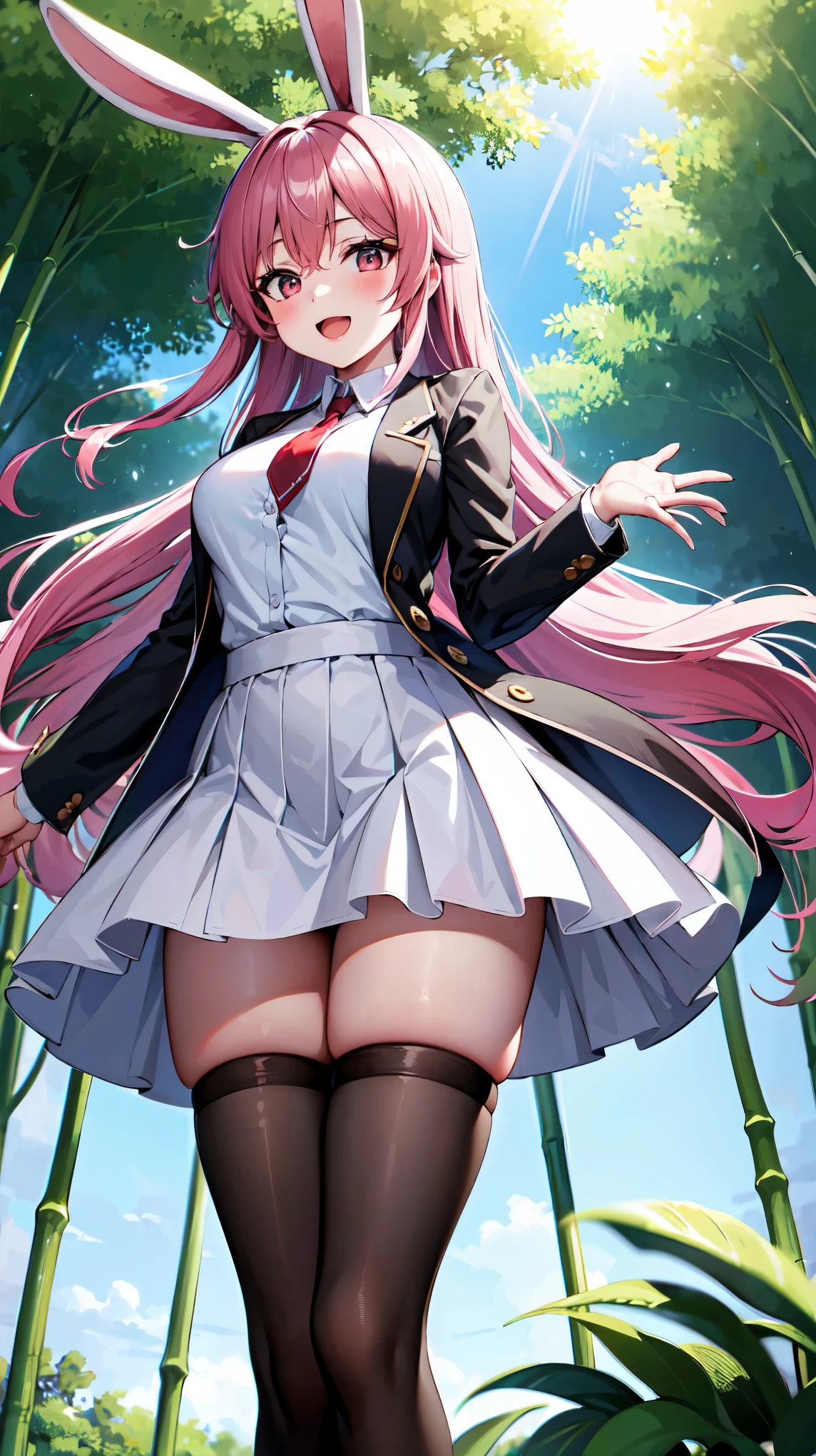 （（super high quality,Ultra-high resolution,16K,super masterpiece,Ultra HD,Ultra high definition,））One high school girl,White bunny ears,Very long straight purple hair,Slender body,（Black blazer,The second button is removed.,White dress shirt,red long tie,Pink mini skirt,White socks,）blush,Very happy,View here,wave hands,（（Leaning forward greatly:1.5,））Bamboo forest in the morning sun,（In a strong wind,My hair is in a big mess:1.8,The skirt lifts up:1.5,）Angle looking up from below,