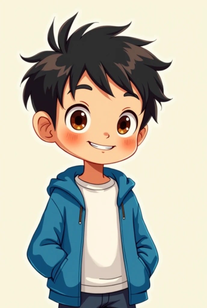 Draw a chibi boy with black hair and brown eyes wearing a white t-shirt and a blue jacket with a meme face