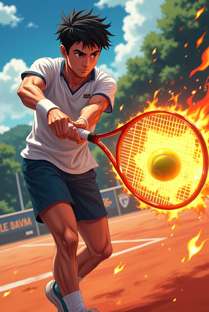 Tennis player with a racket, anime-like, he hits a tennis ball with a racket, the tennis ball is made of fire