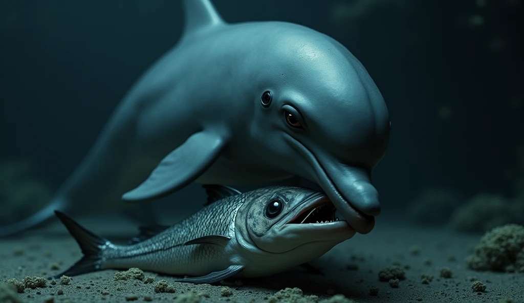 The dolphins don't want to eat the fish、The dolphin has a troubled look on its face、Photorealistic、high resolution、Horror
