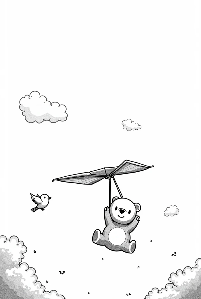 A happy bear flying in the sky with a hang glider made of leaves and branches, soaring alongside a friendly bird. The bear is gripping the hang glider as it flies high above the treetops. The bird, its companion, is flying nearby, both enjoying the freedom of the open sky. The scene is detailed, with clouds and a bright sky, showing the joyful moment of the bear and bird flying together, no color, white blackboard, strokes only, cartoon style.