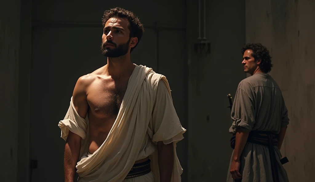 A male stoic philosopher with a well-proportioned and attractive physique, wearing classic tunics that drape slightly transparent over his body, subtly revealing parts of his shoulder. He stands in a dimly lit but not overly dark room, his expression a mix of shock and sorrow as he realizes the betrayal of a trusted friend. The friend's figure is partially visible in the background, with a look of regret but still holding a concealed dagger behind his back. The lighting is dramatic yet balanced, with soft shadows that highlight the stoic's face and the tension in the scene, but without overwhelming darkness. The background is minimalist, allowing the focus to remain on the emotional weight between the two characters, framed with a subtle vignette for a cinematic effect that is powerful yet viewer-friendly for YouTube. The scene is set in a vibrant, impressionist landscape with rich colors and dynamic brushstrokes, creating a sense of movement and emotion.