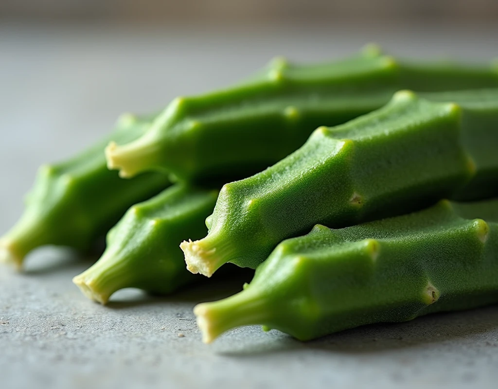 beautifully okra on a table,delicate stems with tender tips,crisp and fresh,artistic presentation,naturally vibrant colors,(best quality,4k,8k,highres,masterpiece:1.2),ultra-detailed,realistic:1.37,close-up details,textured, studio lighting,subtle shadows,aesthetic appeal,culinary inspiration,wholesome and healthy,