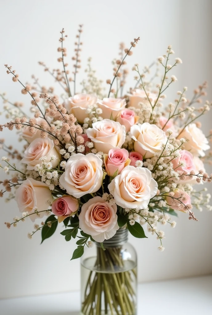 bouquet of wild flowers with real harmonious colors photography in shades of white and beige and pink 4k